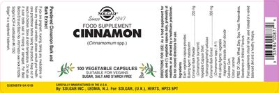 Solgar Cinnamon, 100 Vegetable Capsules - Full Potency (FP) - Supports Sugar Metabolism - Overall Wellness - Non-GMO, Vegan, Gluten Free, Dairy Free, Kosher - 100 Servings