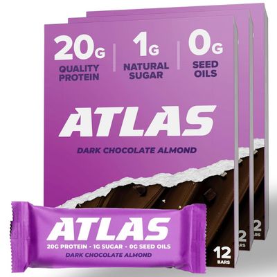 Atlas Protein Bar, 20g Protein, 1g Sugar, Clean Ingredients, Gluten Free (Dark Chocolate Almond, 12 Count (Pack of 3))