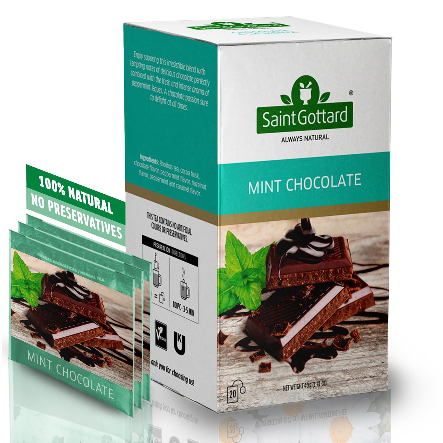 Saint Gottard - Chocolate Herbal Tea, Caffeine-Free Blend with Natural Mint and Cocoa Flavor, Ideal as a Sweet Treat Without Sugar - (Pack of 2 Pink Lemonade) (Mint Chocolate)