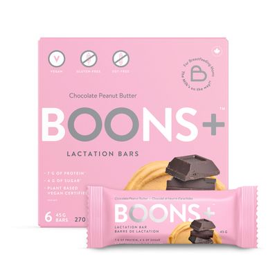 Boons Vegan Lactation Bars; Peanut Butter-Chocolate (6x45g Bars per Box). Boons Bars Support Enhance Lactation. 7gProtein per Serving 4gSugar. Vegan, Gluten Free, Soy-Free, Fenugreek-Free.