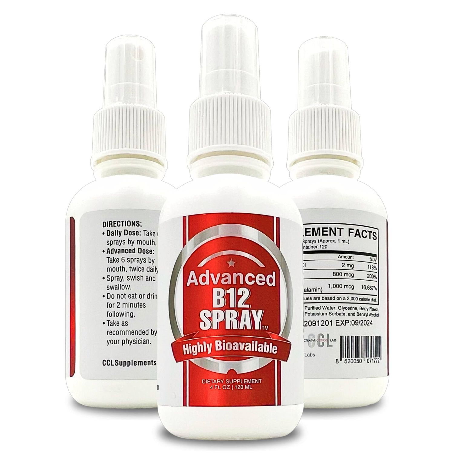 CCL SUPPLEMENTS Vitamin B12 Energy Spray, Methylcobalamin with Folic Acid Sublingual Liquid Complex for Focus, Metabolism, Nano Technology Instant Absorption and Custom Dosage (4 oz - 120 Servings)
