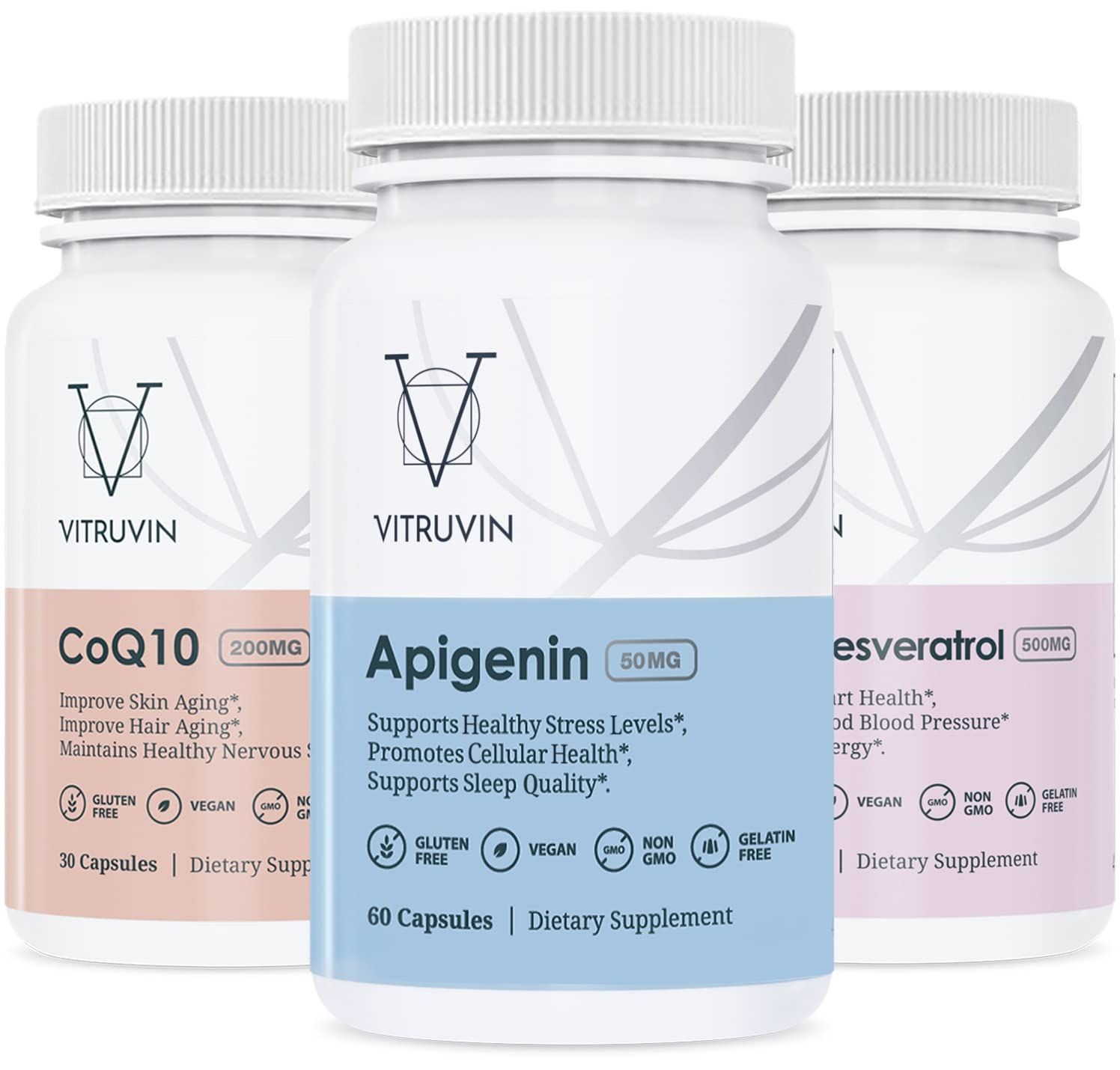 Vitruvin Sport Recovery (Apigenin 2 x 50mg, COQ10 200mg, Resveratrol 500mg) Vegan, Non-GMO, Gluten-Free, Gelatin-Free.