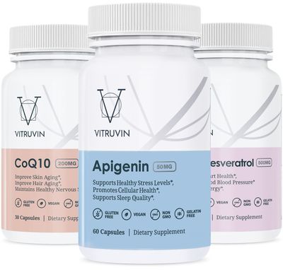 Vitruvin Sport Recovery (Apigenin 2 x 50mg, COQ10 200mg, Resveratrol 500mg) Vegan, Non-GMO, Gluten-Free, Gelatin-Free.