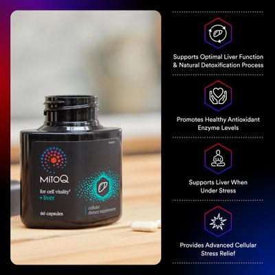 MitoQ Liver Premium CoQ10 Antioxidant - Contains Mitoquinol Mesylate, Choline, Milk Thistle, Selenium - Supports Metabolism, Liver Health, Body s Natural Detoxification Cell Vitality (60 Capsules)