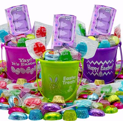 Easter Candy Baskets for Kids, 3 Pack Assorted Colors Easter Candy Gift Baskets with 2 lb Egg Canndy and Chocolate, Fillable Pastel Buckets with Assortment of Individually Wrapped Canndy