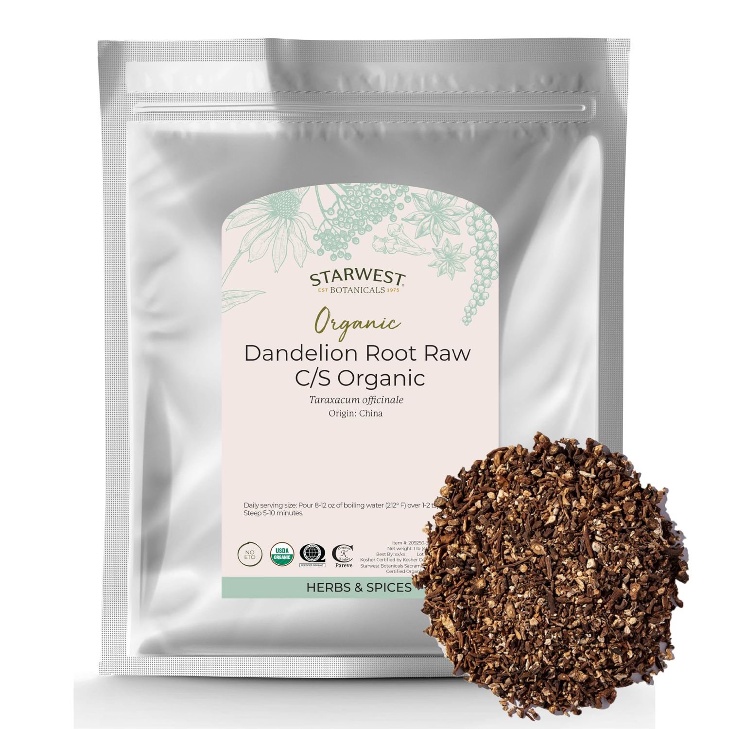 Starwest Botanicals Organic Raw Dandelion Root - Loose Leaf Herbal Tea, Supports Digestion, Cut Sifted, Certified Kosher, Non-GMO, Caffeine-Free - Bulk 1 lb Bag