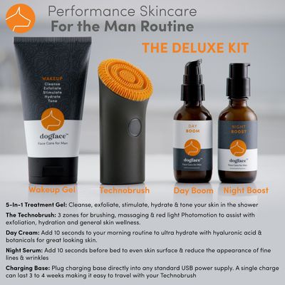 Dogface Deluxe Kit- Men's Red Light Facial Brush, Silicone Bristles Exfoliate Cleanse, Hyaluronic Acid Moisturizes Hydrates, Retinol Night Serum- Technobrush, Wakeup Gel, Day Boom Night Boost