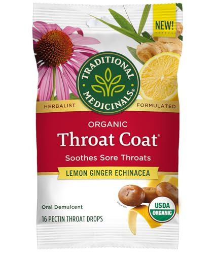 Traditional Medicinals Lozenges, Organic Throat Coat Lemon Ginger Echinacea, Sore Throat Support, 16 Individually Wrapped Lozenges