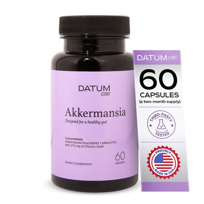 Datum Labs Akkermansia Muciniphila Probiotic Prebiotic Supplement - Increases GLP-1 Production, Delayed Release, Third-Party Tested, Shelf Stable, 1Bn CFU (60 Acid-Resistant Capsules)