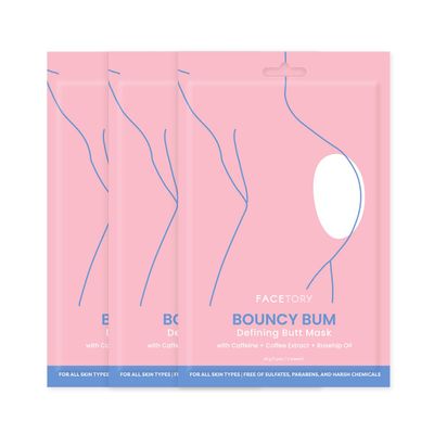 FACETORY Bouncy Bum Defining Butt Mask with Caffeine, Rosehip Oil, and Ferments - Spa Sheet Mask for the Body- Renewing, Hydrating, Softening - Includes 2 Masks 1 for Each Cheek, 3 Pairs