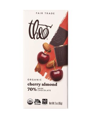 Theo Chocolate Cherry Almond Organic Dark Chocolate Bar, 70 Cacao, 12 Pack Vegan, Fair Trade