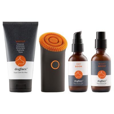 Dogface Deluxe Kit- Men&#39;s Red Light Facial Brush, Silicone Bristles Exfoliate Cleanse, Hyaluronic Acid Moisturizes Hydrates, Retinol Night Serum- Technobrush, Wakeup Gel, Day Boom Night Boost