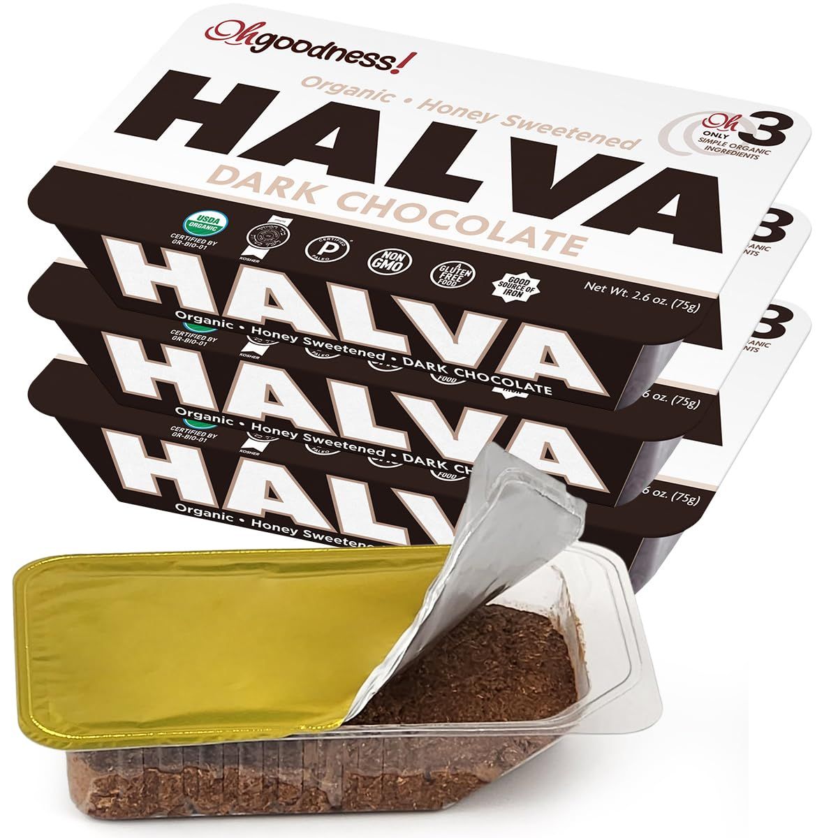 OhGoodness! Organic Honey Halva - 3 Pack - Only THREE Simple Ingredients, Melt-in-Mouth Snack Dessert, Honey Sweetened Treat Paleo Approved - (Honey - Dark Chocolate) 75g