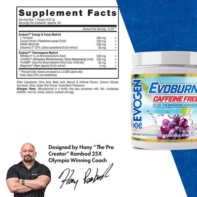 Evogen Evoburn Caffeine Free- Thermogenic Fat Burner for Men Women Energy Focus Advanced Metabolism Booster Fat Burner Formula with MitoBurn Caffeine Grape Blast 30 Servings
