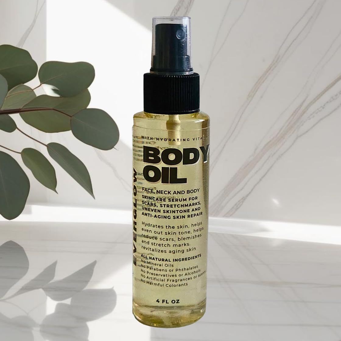 BODY OIL -Moisturizing Face, Neck and Body Skincare Serum for Scars, Stretchmarks, Uneven Skin Tone and Anti-Aging Skin Repair. All Natural 4oz Spray