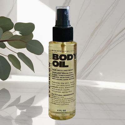 BODY OIL -Moisturizing Face, Neck and Body Skincare Serum for Scars, Stretchmarks, Uneven Skin Tone and Anti-Aging Skin Repair. All Natural 4oz Spray