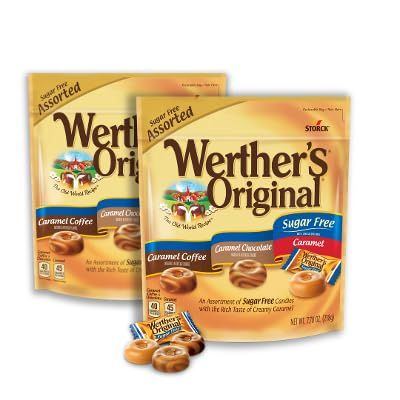 Werther s Original Assorted Sugar Free - 2 bags (7.70 oz. in each bag) 3 flavors in each bag : Caramel, Caramel Coffee, and Caramel Chocolate packaged by The Hungry Gorilla