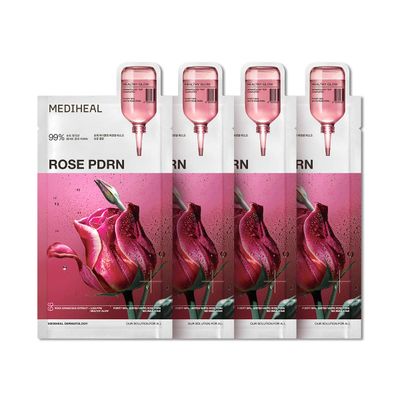 Mediheal Rose PDRN Essential Sheet Mask 4 pcs. 99 Pure White Rose PDRN Hyaluronic Acid for hydrating, firming, and enhancing moisture barrier, skin firmness, and glow. Vegan formula.