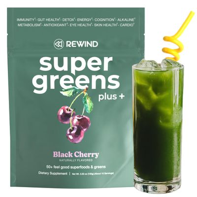 Rewind Greens Plus Super Greens Powder - Over 50 Superfoods and Greens - Delicious Powder Greens for The Whole Family - 10 Servings - Black Cherry