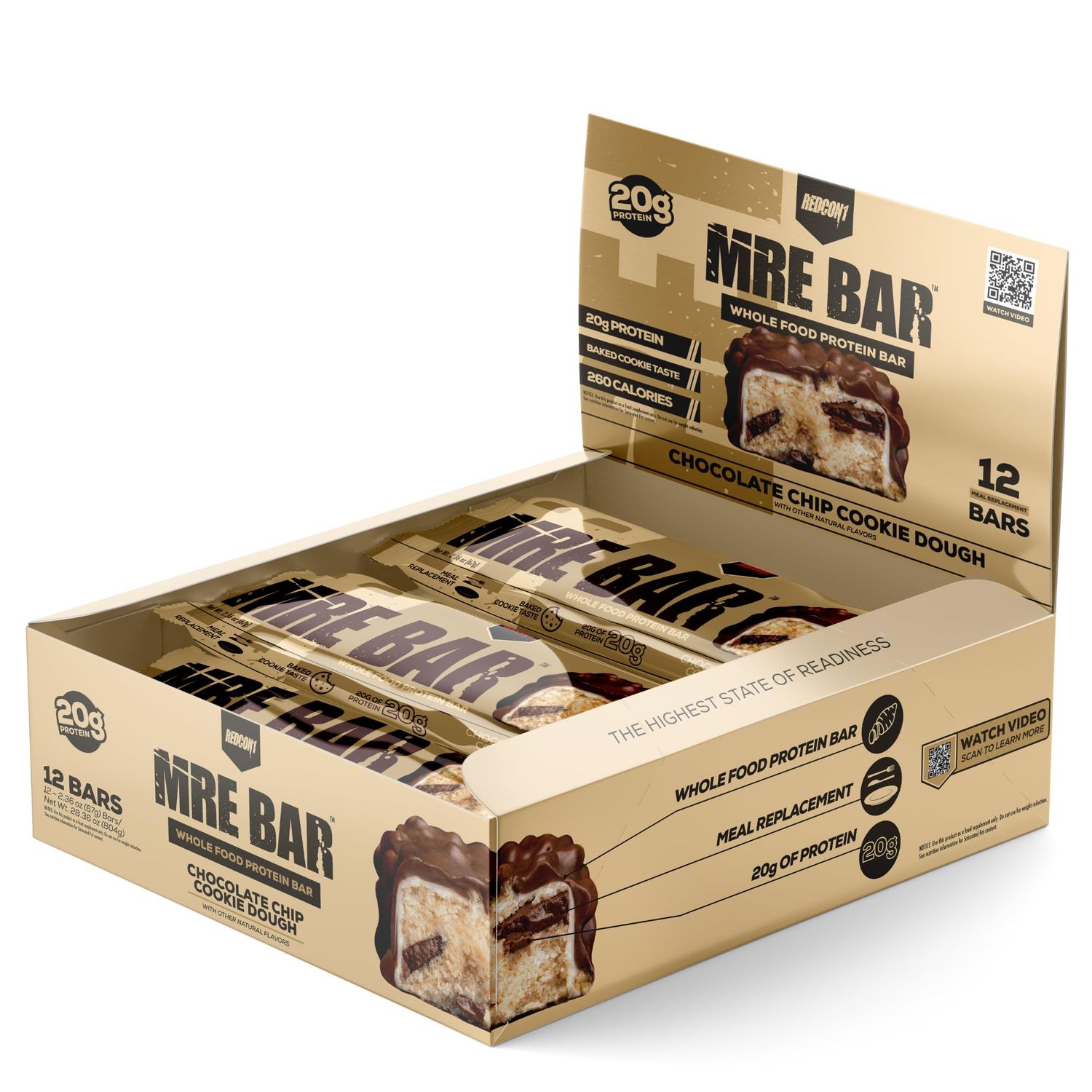 REDCON1 MRE Protein Bar, Chocolate Chip Cookie Dough - Contains MCT Oil 20g of Whole Food Protein - Easily Digestible, Macro Balanced Low Sugar Meal Replacement Bar (12 Bars)
