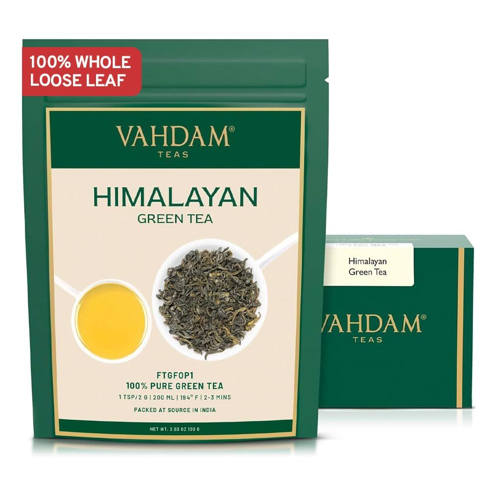 VAHDAM, Himalayan Green Tea Leaves (50 Cups, 3.53 Oz) Non GMO, Gluten Free High Elevation Grown Green Tea Leaves From Himalayas Pure Unblended Single Origin Green Loose Leaf Tea Vacuum Sealed