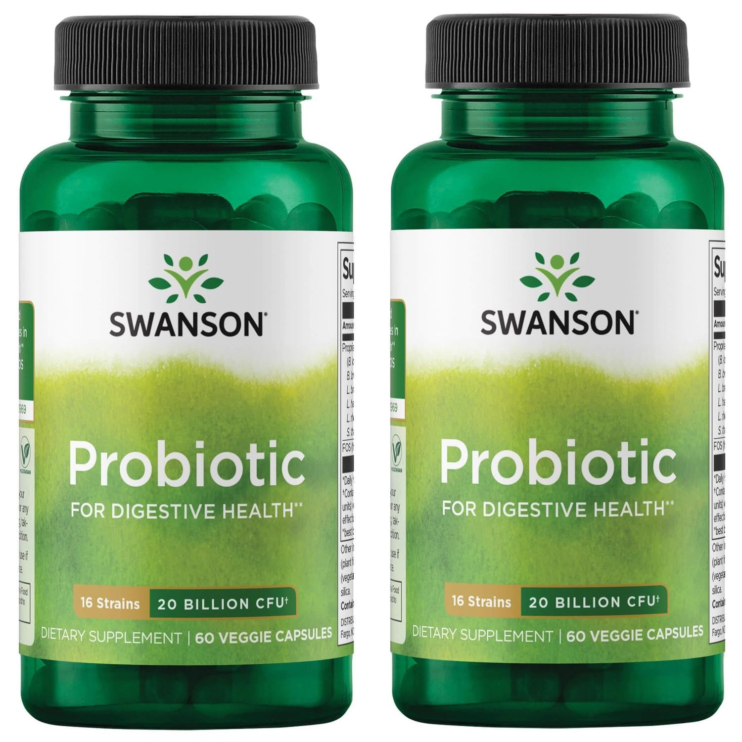Swanson Probiotic for Digestive Health GI Tract Immune Support Travelers Support 20 Billion CFU with Prebiotic FOS 60 Veggie Capsules (Caps) (2 Pack)