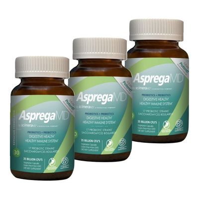 Asprega 30CT - Probiotic Prebiotic Supplement 17 Strains, 35 Billion CFUs Delayed Release Saccharomyces Boulardii for Men Women by ScimeraMD, 3-Pack