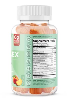 SUKU Vitamin B Complex Gummies with Vitamin C - Sugar Free Vegan 8 B Vitamins Complex Gummy Supplement Increases Cell Development, Improves Metabolism Collagen Formation, Peach Flavour (50 Gummies)