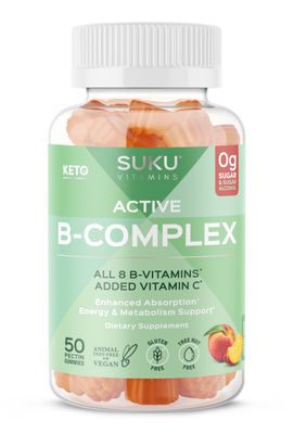 SUKU Vitamin B Complex Gummies with Vitamin C - Sugar Free Vegan 8 B Vitamins Complex Gummy Supplement Increases Cell Development, Improves Metabolism Collagen Formation, Peach Flavour (50 Gummies)