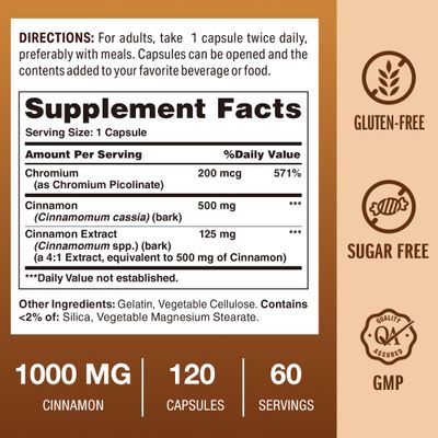 Vitamin World Cinnamon Complex with Chromium, 1000 mg Cinnamon Supplements with High-Potency Chromium for Healthy Metabolism Antioxidant Protection, 120 Capsules, 2 Month Supply, Gluten Free