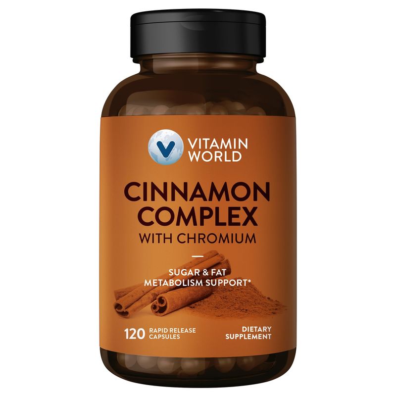 Vitamin World Cinnamon Complex with Chromium, 1000 mg Cinnamon Supplements with High-Potency Chromium for Healthy Metabolism Antioxidant Protection, 120 Capsules, 2 Month Supply, Gluten Free