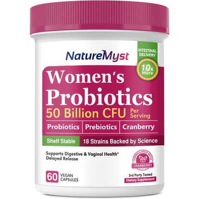 NatureMyst Women s Probiotics, 50 Billion CFU, 18 Strains for Women, Plus Prebiotic Cranberry, Support Digestive, Vaginal Urinary Health, Shelf Stable, 60 Delayed Release Vegan Caps