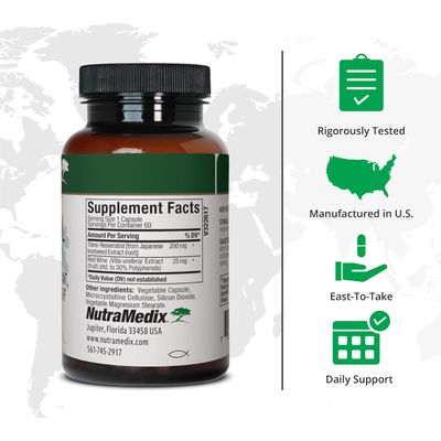 NutraMedix Resveratrol Capsules - Bioavailable Antioxidants Supplement from Red Wine Extract Grape Skins - 200mg Japanese Knotweed for Immune Cardiovascular Support (60 Capsules)