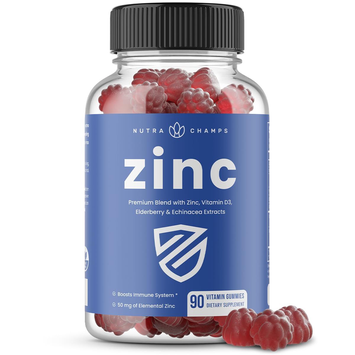 NutraChamps Zinc Gummies 4-in-1 Zinc Gummies Adult Zinc Chewable 50mg Chewable Zinc Supplement Gummies with Vitamin D3 2000 IU, Elderberry Echinacea Immune, Heart Brain Support 90 Count