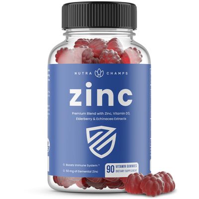 NutraChamps Zinc Gummies 4-in-1 Zinc Gummies Adult Zinc Chewable 50mg Chewable Zinc Supplement Gummies with Vitamin D3 2000 IU, Elderberry Echinacea Immune, Heart Brain Support 90 Count