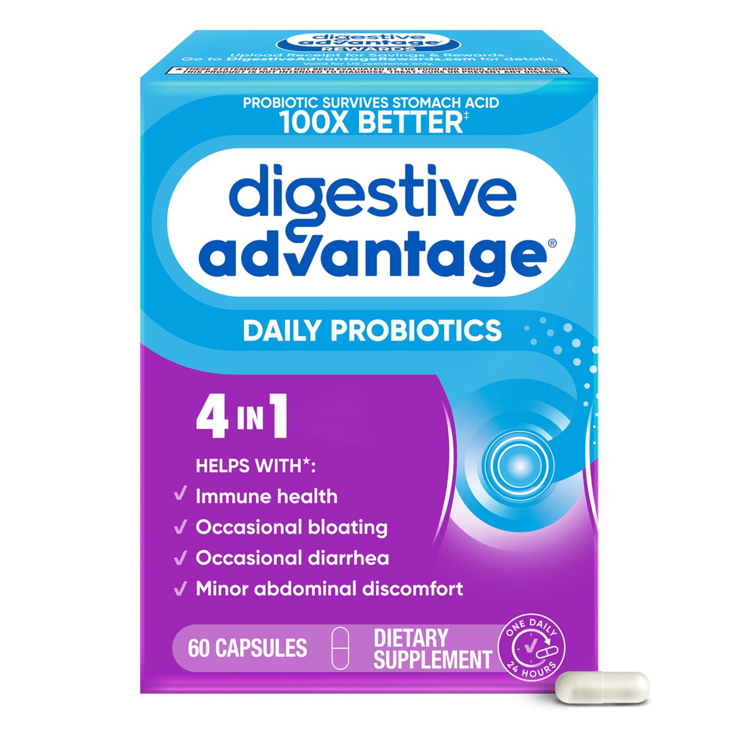 Digestive Advantage Probiotics For Digestive Health, Daily Probiotics For Women Men, Supports Gut Health, Occasional Bloating Diarrhea, Minor Abdominal Discomfort, Immune Support, 60ct Capsules
