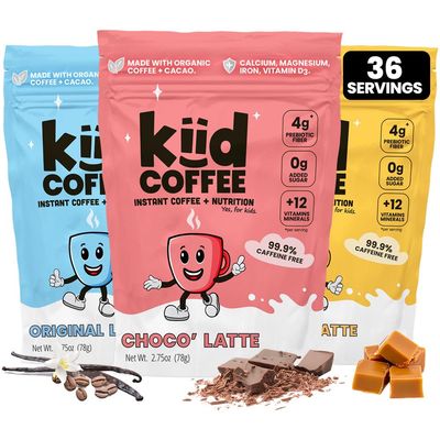 Kiid Coffee - 99.9 Caffeine-Free Organic Coffee for Kids - As Seen on Shark Tank - Chocolate, Caramel Original Variety Pack - 12 Vitamins Minerals, 4g Prebiotics, 0g Sugar - Non-GMO - 3-Pack