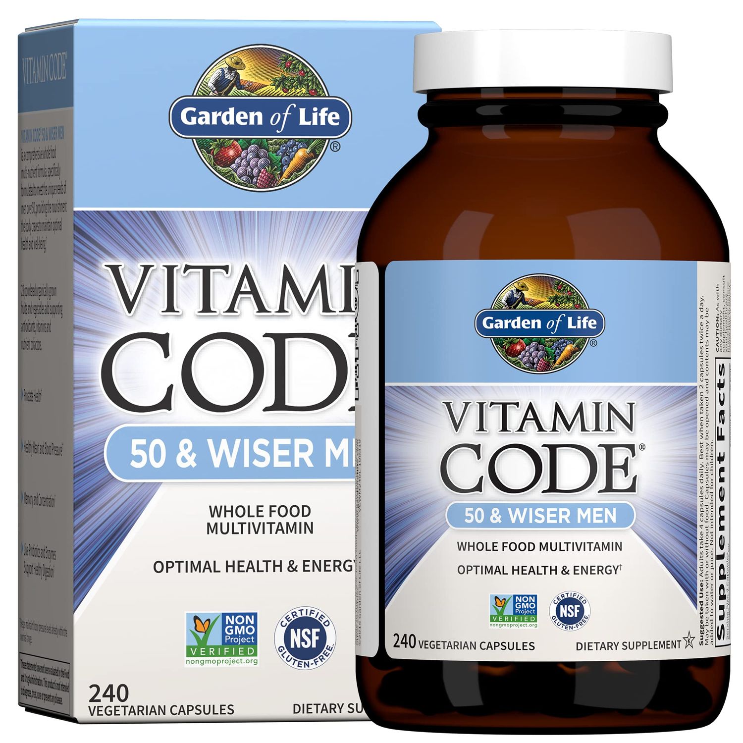 Garden of Life Multivitamin for Men - Vitamin Code 50 Wiser Men&#39;s Raw Whole Food Vitamin Supplement with Probiotics, Vegetarian, 240 Capsules