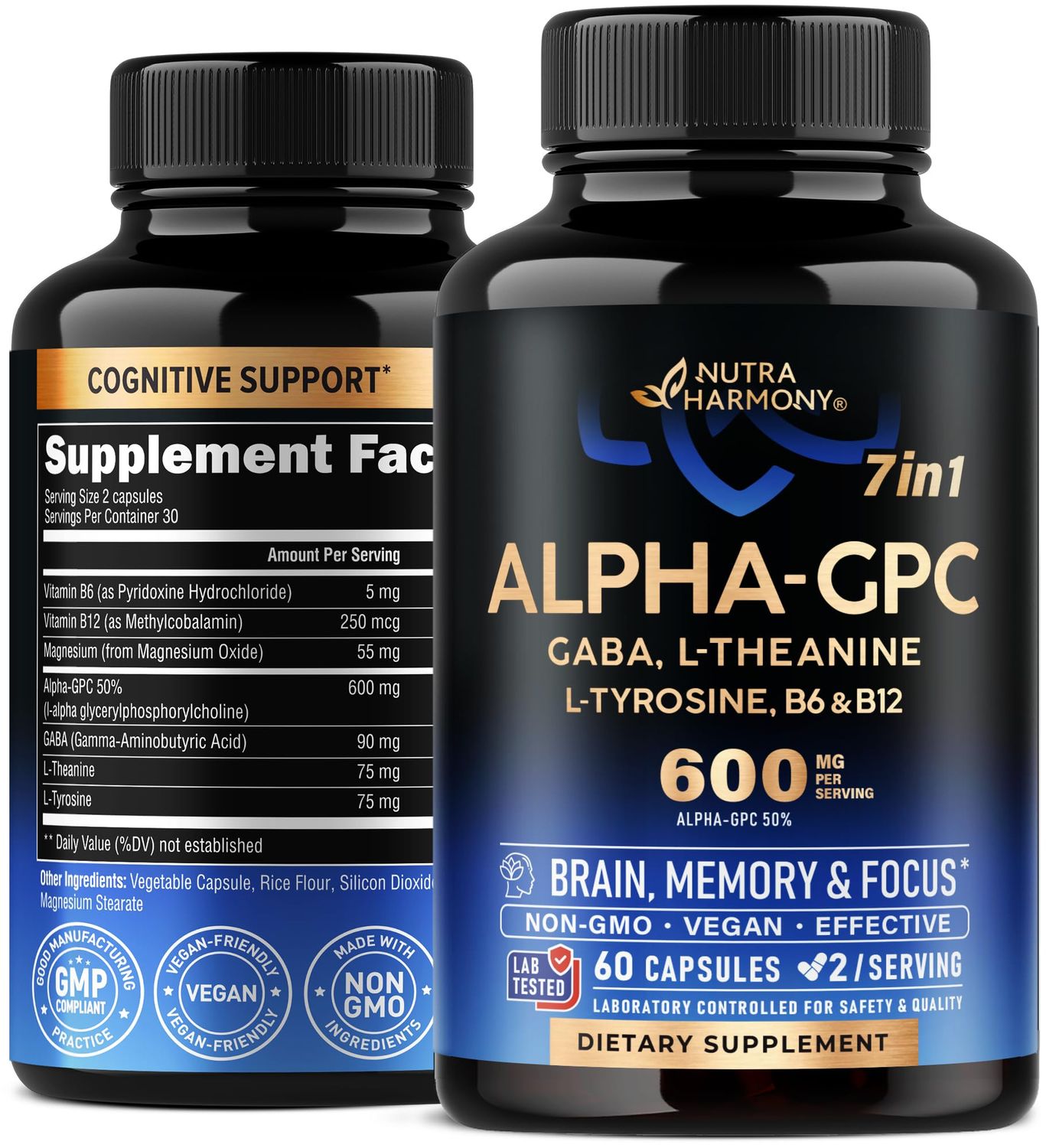 Alpha GPC Supplement with L-Theanine L-tyrosine Vitamin B6 B12 - Alpha GPC 600 mg for Focus, Memory Energy - Bioactive Choline for Brain Cognition - for Men Women - Made in USA - 60 Caps