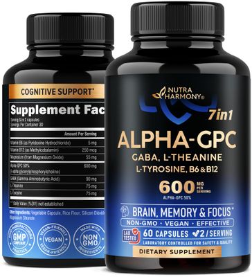Alpha GPC Supplement with L-Theanine L-tyrosine Vitamin B6 B12 - Alpha GPC 600 mg for Focus, Memory Energy - Bioactive Choline for Brain Cognition - for Men Women - Made in USA - 60 Caps