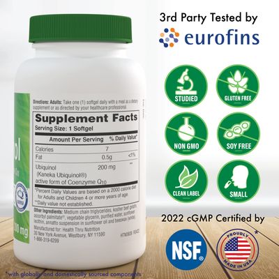Health Thru Nutrition Ubiquinol 200mg 30 Softgels as Kaneka QH Reduced CoQ-10 Stabilized - 3rd Party Tested Enhanced Bioavailability Cardiovascular Mitochondria Function Support Non-GMO