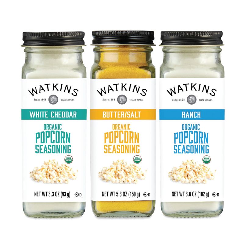 Watkins Popcorn Seasoning Multi-Flavor Variety Pack, 3-Pack (1 White Cheddar 3.3 oz., 1 ButterSalt 5.3 oz., 1 Ranch 3.6 oz.)