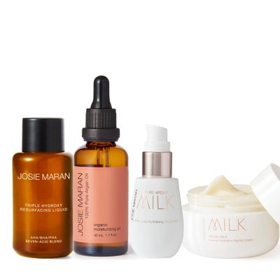 Josie Maran Anti Aging Skincare Set - Includes Triple Hydroxy Gentle Face Exfoliant, Argan Milk Serum, Intensive Hydration Nightly Face Cream 100 Pure Argan Oil (4 Count)