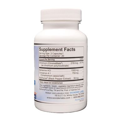 Wonder Laboratories Berberine HCL 1,500mg Cinnamon, Chromium, Bioperine Maintenance for Glucose, Heart Immune System Health Gluten GMO Free - 60 Capsules