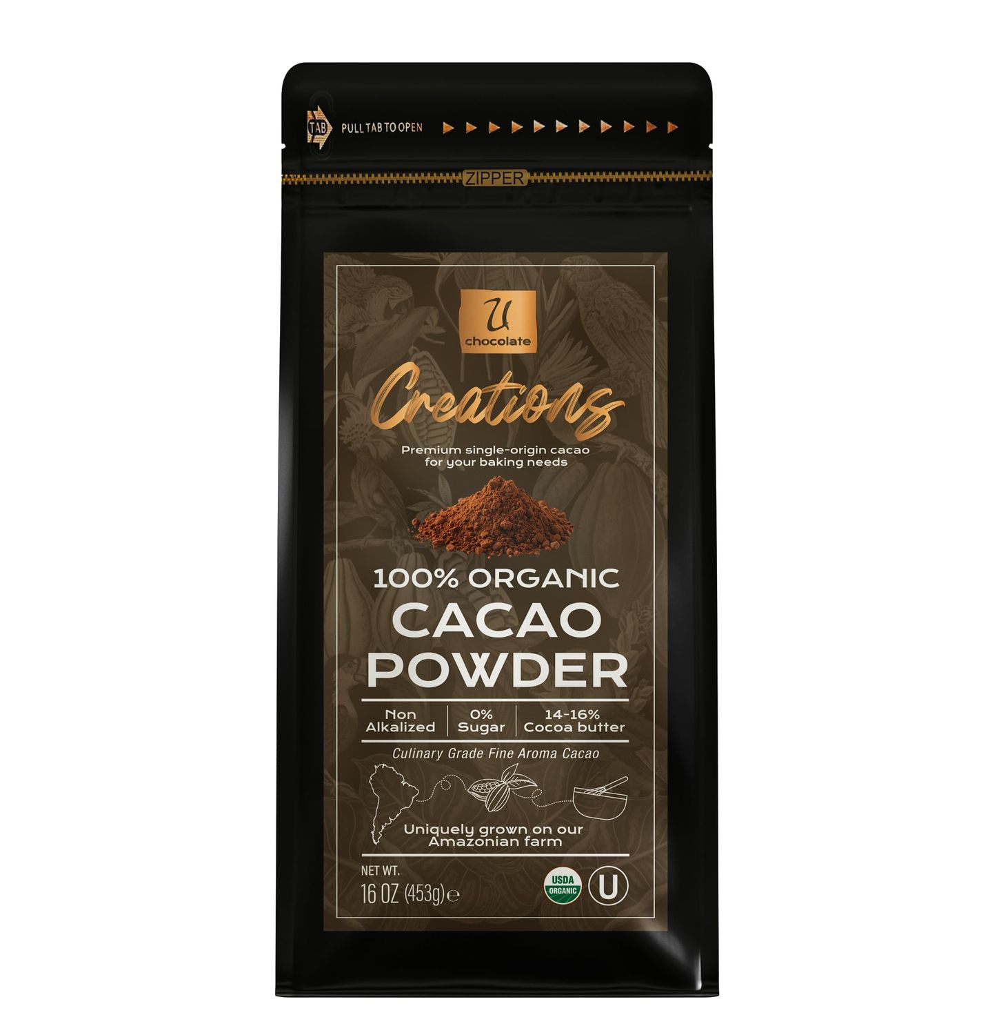 U Chocolate Organic Cacao Powder (16 oz) Fresh from our Farm, perfect for Baking, Hot Cocoa, No added sugars