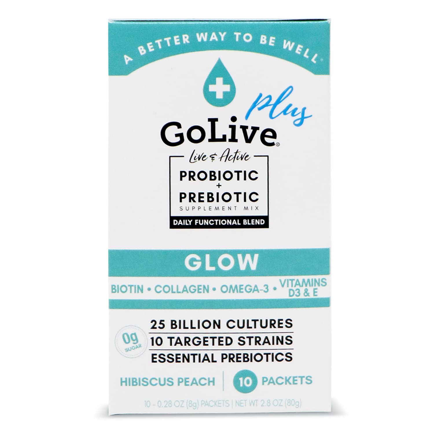 GoLive Probiotics Prebiotics for Women and Men Glow for Beauty, Sugar-Free Synbiotic Powder. 25 Bllion CFUs; 10 Clinical Strains for Healthy, Immune Digestive Health, 10 Count (Pack of 1)