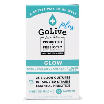 GoLive Probiotics Prebiotics for Women and Men Glow for Beauty, Sugar-Free Synbiotic Powder. 25 Bllion CFUs; 10 Clinical Strains for Healthy, Immune Digestive Health, 10 Count (Pack of 1)