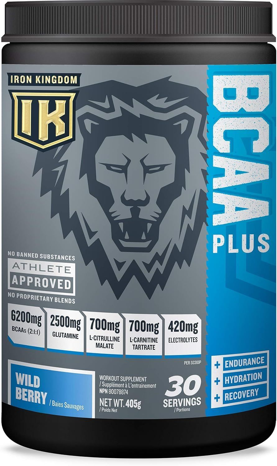 Iron Kingdom BCAA Plus Powder for Women Men Essential Amino Acids, Electrolytes Glutamine Supplement for Endurance, Hydration Post Workout Recovery - Wild Berry Drink Powder - 30 Servings