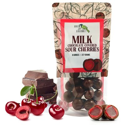 Green Jay Gourmet Chocolate Sour Cherries - Sour Candy Coated Michigan Cherries Dipped in Fresh Milk Chocolate - Handmade Candy - Unique Great Gift for Chocolate Lovers - 8 Ounce Resealable Bag