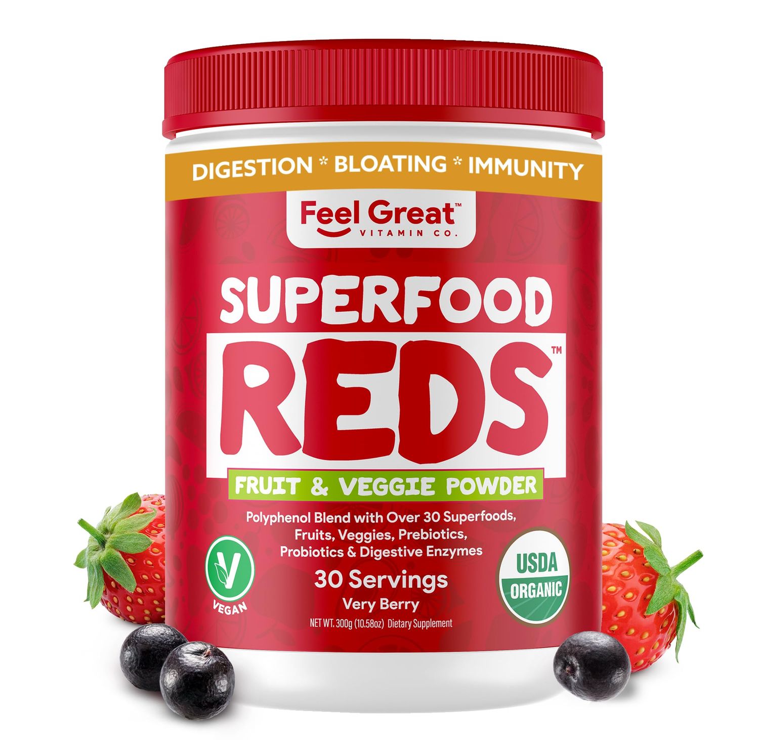 Feel Great Organic Superfood Reds Powder Packed with Beet Root Powder Digestive Support Including Bloating Relief Fruit and Veggie Polyphenols Supplement.